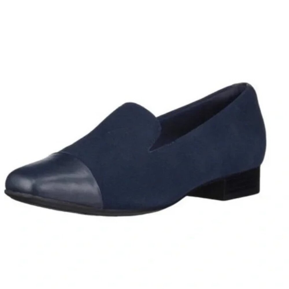 Clarks Women's 5 .5 M Step‎ Loafer BlackNavy Blue Leather Suede Slip On NEW